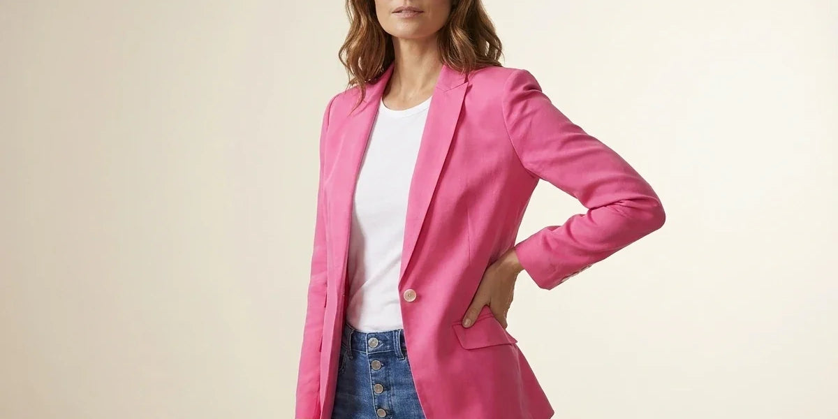Brunette woman modeling a Vince Camuto vibrant hot pink single-button tailored blazer over a white top and button-fly blue jeans.