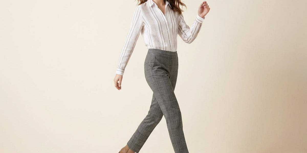 Woman walking in a white striped long-sleeve button-up blouse, grey plaid ankle pants, and taupe leather boots against a neutral background.