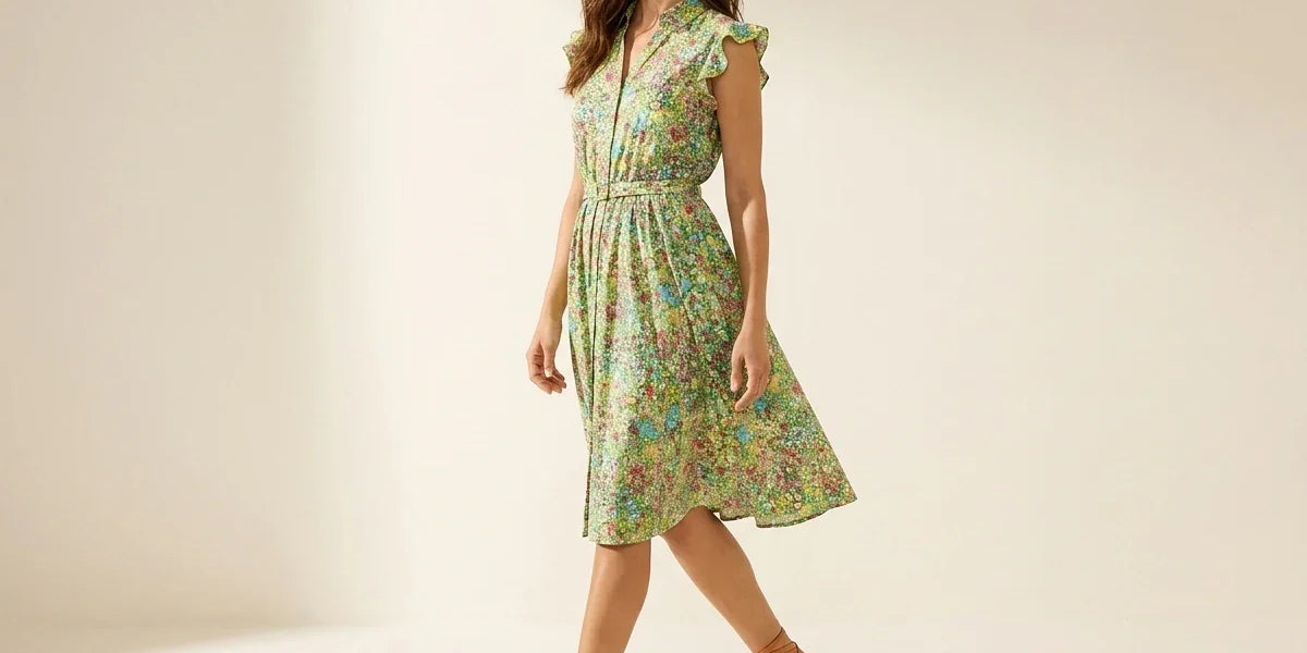 Brunette woman modeling a Charter Club green floral print midi shirt dress with flutter sleeves, a belted waist, and tan strappy flat sandals.