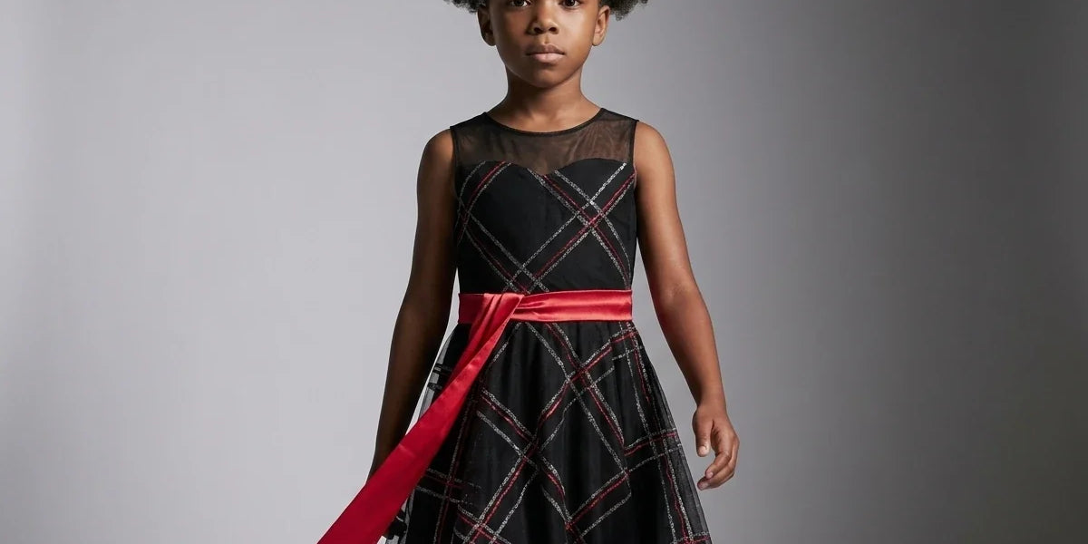 A young girl with two buns stands against a gray studio background wearing a sleeveless black dress with a red and white plaid pattern, sheer mesh upper bodice, and a bright red sash tied at the waist.