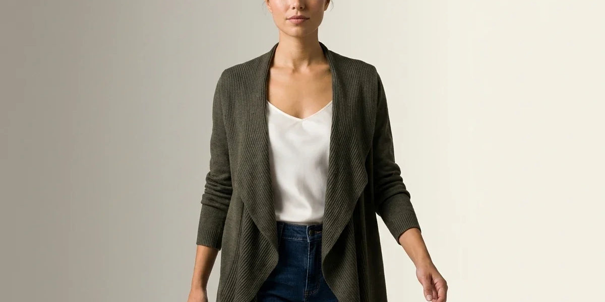 A woman modeling a dark olive green open-front knit cardigan over a white top and blue jeans, standing against a plain light gray studio background.