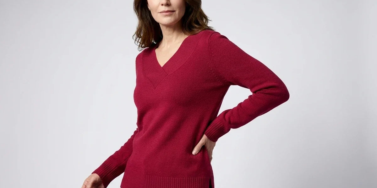 A woman modeling a long-sleeve V-neck knit sweater in deep burgundy, paired with dark blue jeans, against a light gray studio background.
