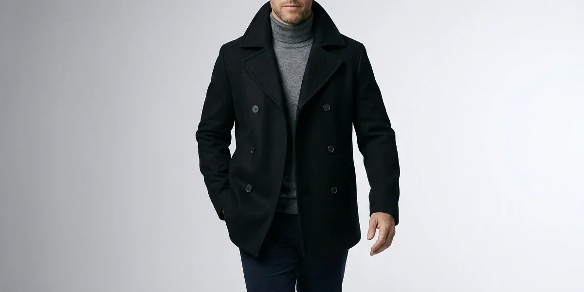 Man walking forward wearing a classic black double-breasted wool peacoat layered over a grey turtleneck sweater