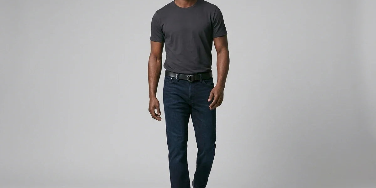 Recommended Alt Text (Concise & SEO-Friendly):
"Man walking forward wearing a dark charcoal crewneck t-shirt, dark wash straight-leg jeans, a black belt, and casual low-top sneakers