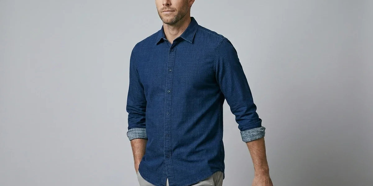 Man wearing a classic dark blue long-sleeve denim button-up shirt with rolled cuffs and light grey trousers.