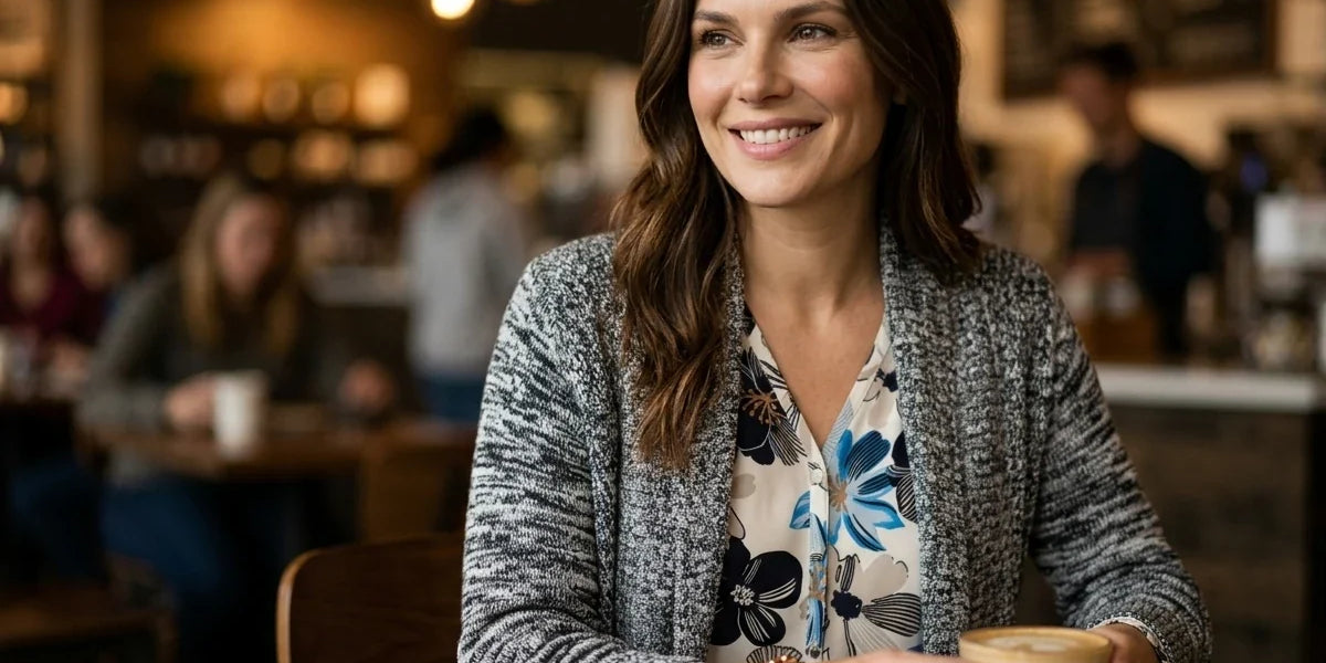 A smiling woman with long brown hair sits at a wooden table in a cozy, softly blurred cafe setting. She is wearing a gray marled cardigan over a cream blouse with blue and black floral patterns, and holds a light brown coffee cup.