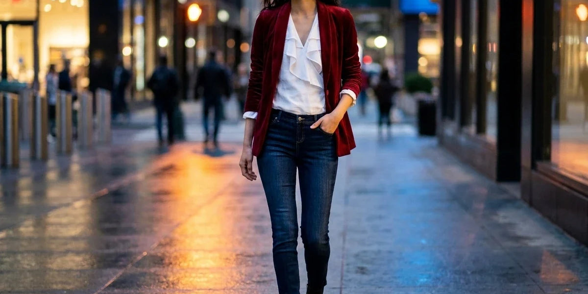 East Asian woman walking along a city sidewalk wearing a dark red velvet blazer, white ruffle-front blouse, dark skinny jeans, and black ankle boots.
