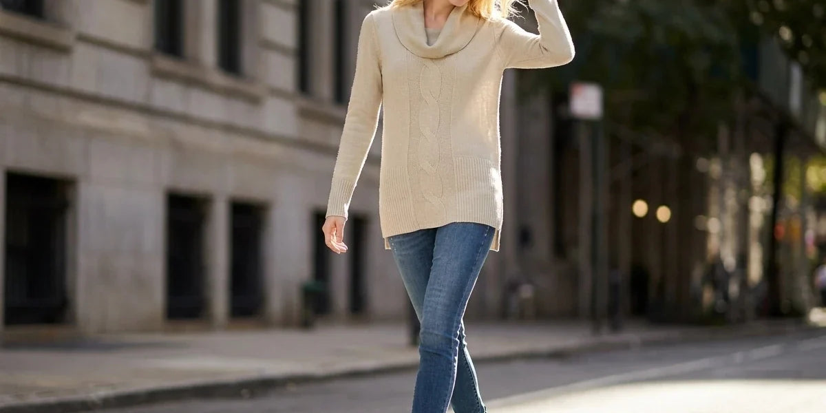 Smiling blonde woman walking on a city street wearing a beige cowl-neck cable-knit tunic sweater, medium-wash skinny jeans, and black heeled booties.