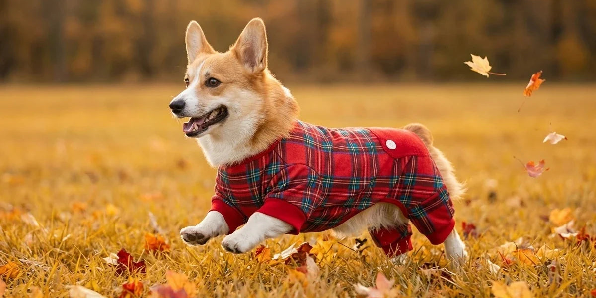 Happy Corgi dog running outdoors across an autumn field wearing a red plaid onesie sweater.