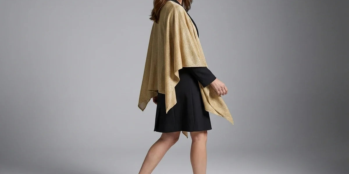 Woman walking wearing a metallic gold evening wrap draped over a knee-length black dress and black pointed-toe heels.