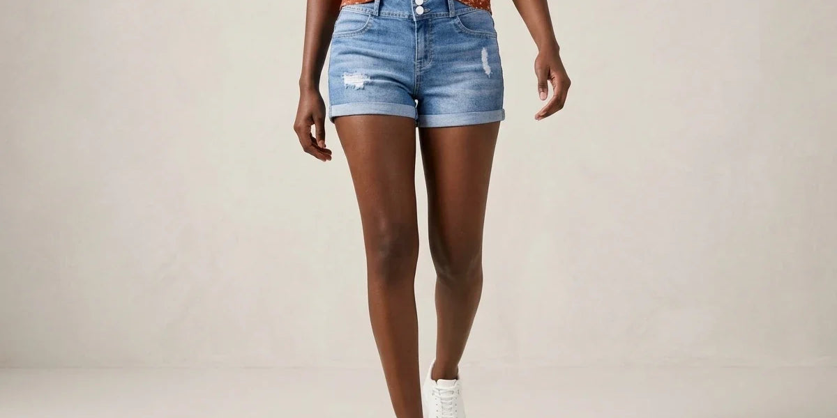A model wearing light-wash blue distressed denim shorts, a rust-orange patterned top, and white sneakers, walking against a neutral beige studio background.