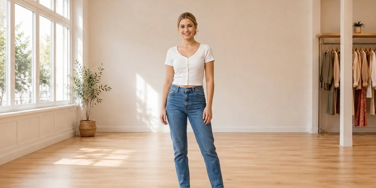 Model wearing Teen Large Blouses Teen Button-Front Crop Top (Young Women's Fit) in Online Warehouse Sale boutique studio