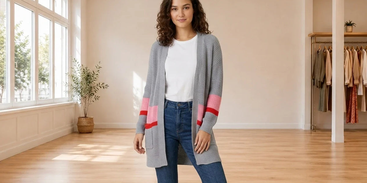 Model wearing Teen Large Cardigans Teen Cropped Cardigan Sweater (Young Women's Fit) in Online Warehouse Sale boutique studio