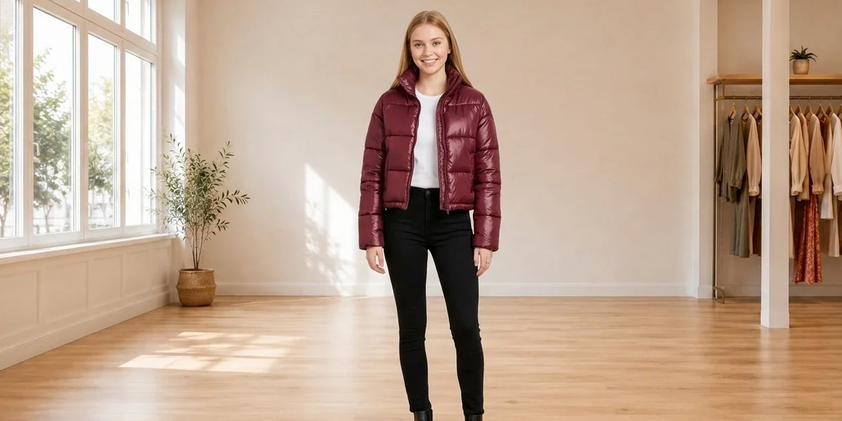 Model wearing Teen Large Coats, Jackets and Blazers Teen Cropped Puffer Coat (Young Women's Fit) in Online Warehouse Sale boutique studio