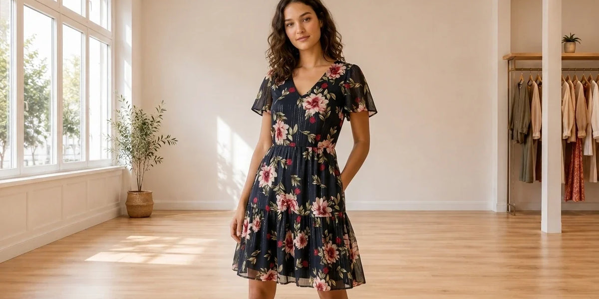 Model wearing Teen Large Dresses Teen Metallic Floral-Print Chiffon Dress (Young Women's Fit) in Online Warehouse Sale boutique studio