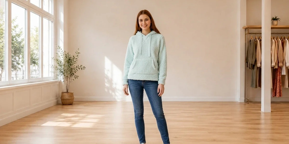 Model wearing Teen Large Hoodies and Sweatshirts (Young Women's) Teen Faux-Sherpa Pullover Hoodie in Online Warehouse Sale boutique studio
