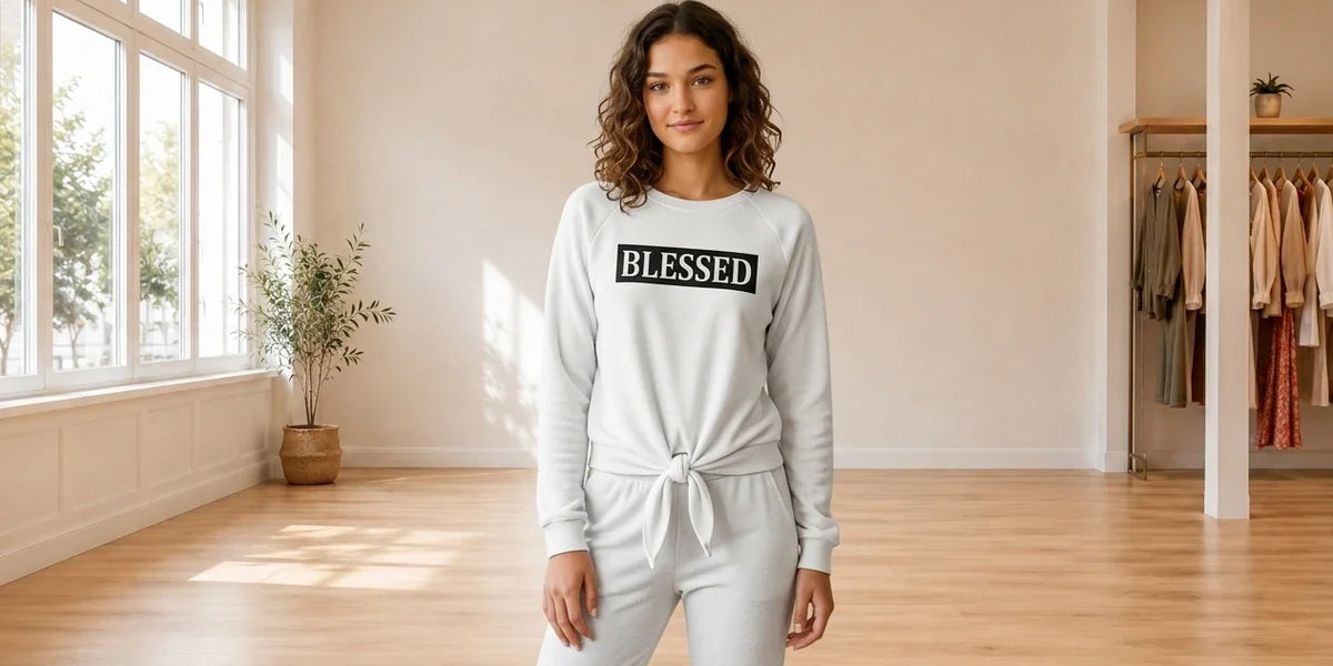 Model wearing Teen Large Loungewear and Pajamas Teen Blessed Tie-Front Sweatshirt (Young Women's Fit) in Online Warehouse Sale boutique studio