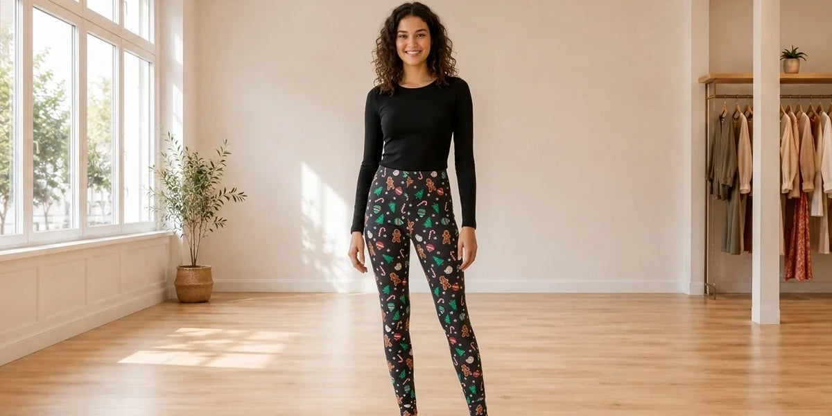 Model wearing Teen Large Pants Teen Printed Holiday Leggings (Young Women's Fit) in Online Warehouse Sale boutique studio
