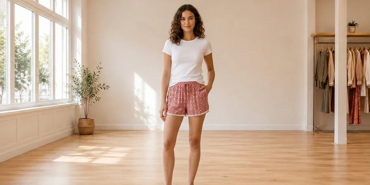Model wearing Teen Large Shorts Teen Printed Pom Pom Soft Shorts (Young Women's Fit) in Online Warehouse Sale boutique studio