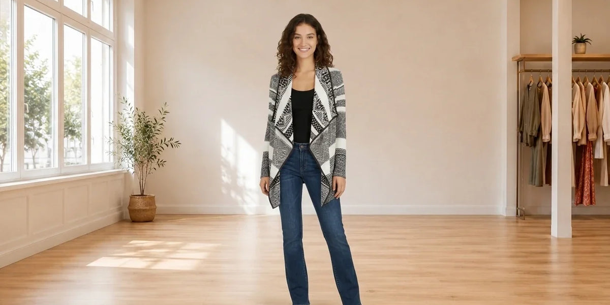 Model wearing Teen Large Sweaters and Cardigans Teen Draped Aztec-Pattern Cardigan (Young Women's Fit) in Online Warehouse Sale boutique studio