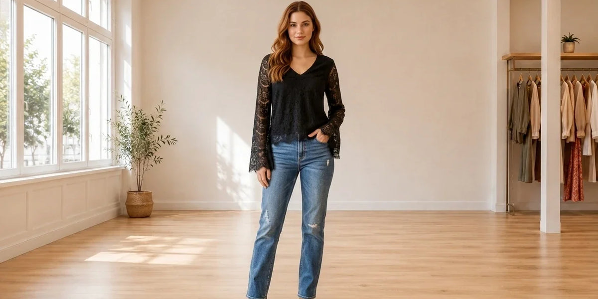 Model wearing Teen Large Tops (Young Women's) Teen Lace Bell-Sleeve Top in Online Warehouse Sale boutique studio