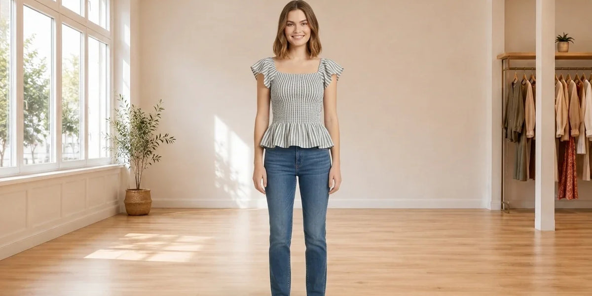 Model wearing Teen Medium Blouses Teen Striped Smocked Blouse (Young Women's Fit) in Online Warehouse Sale boutique studio