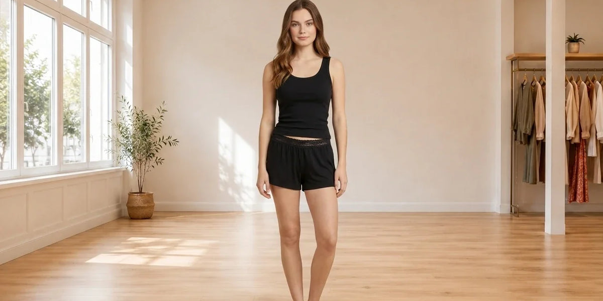 Model wearing Teen Medium Panties ribbed boy-short briefs and tank top in Online Warehouse Sale boutique studio