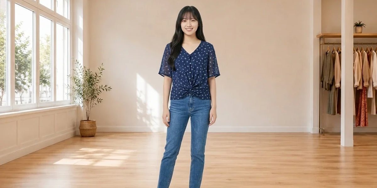 Model wearing Teen Small Blouses Teen Button-Down Twist-Front Textured Top (Young Women's Fit) in Online Warehouse Sale boutique studio