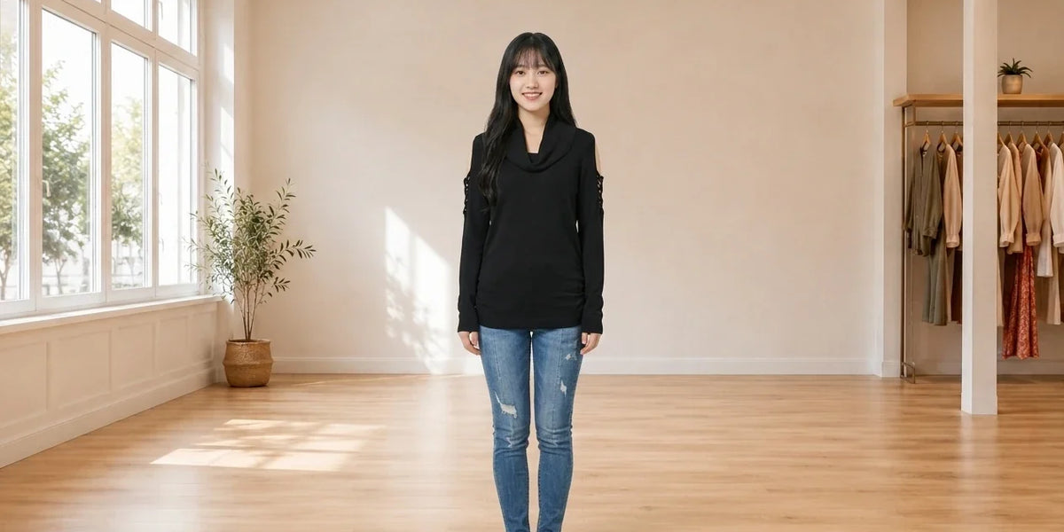 Model wearing Teen Small Cardigans Teen Cowlneck Cold-Shoulder Sweater (Young Women's Fit) in Online Warehouse Sale boutique studio