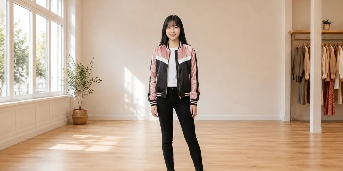 Model wearing Teen Small Coats, Jackets and Blazers Teen Colorblocked Bomber Jacket (Young Women's Fit) in Online Warehouse Sale boutique studio