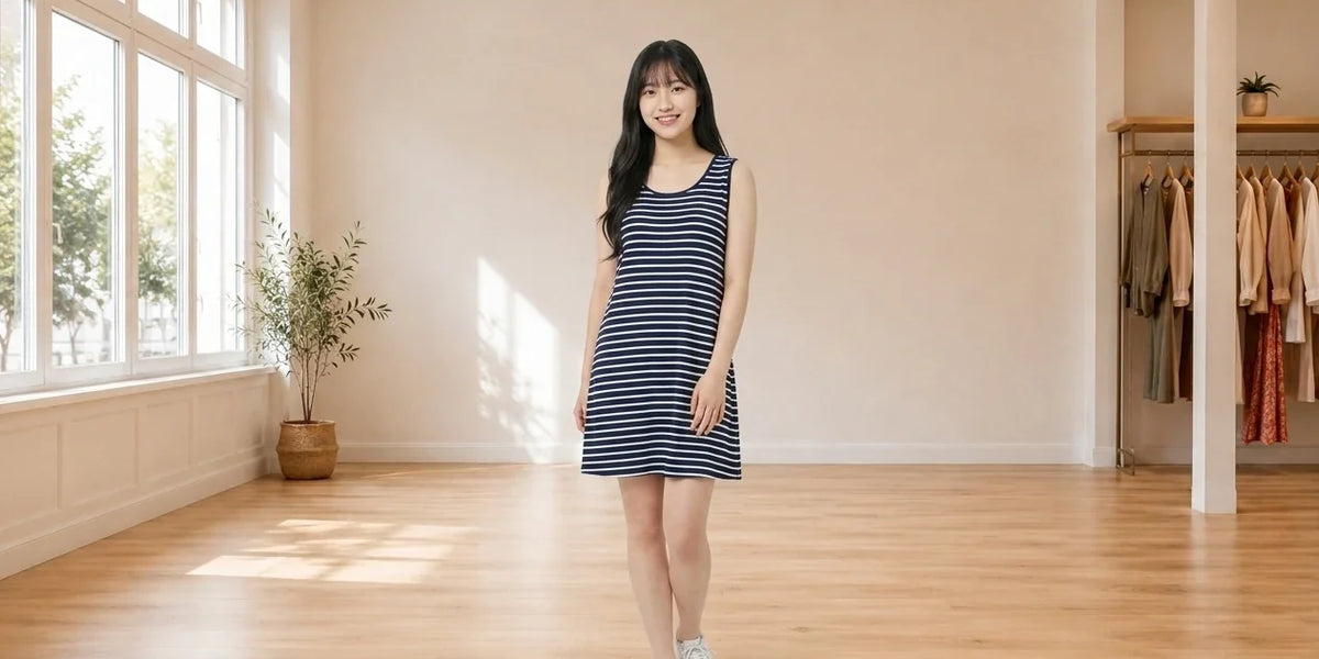Model wearing Teen Small Dresses Teen Striped Lattice-Back Shift Dress (Young Women's Fit) in Online Warehouse Sale boutique studio