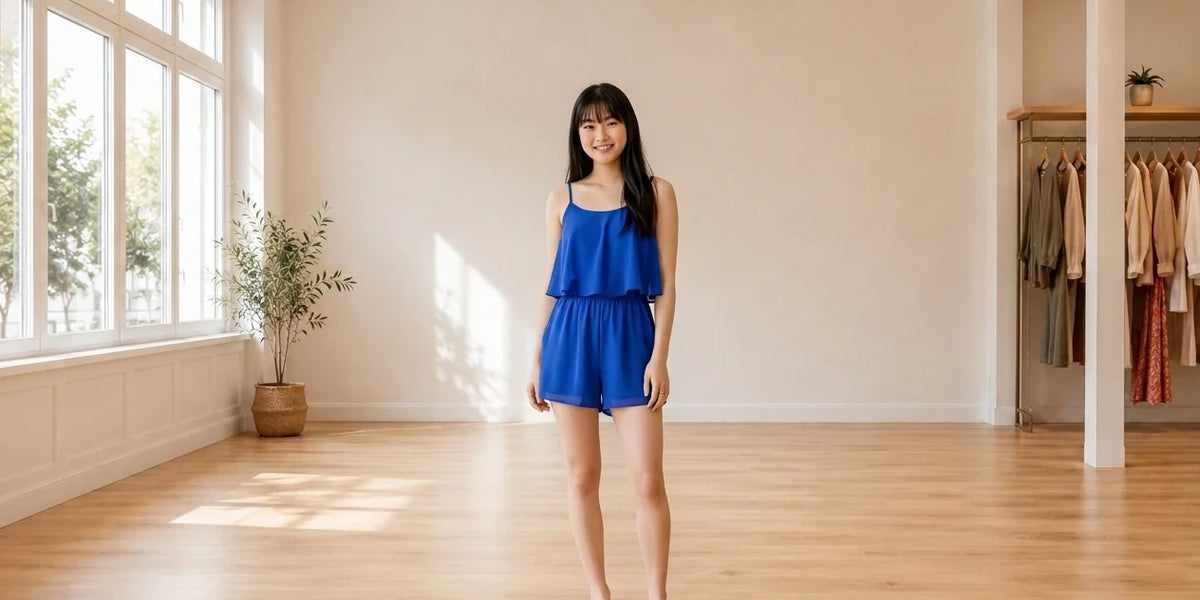 Model wearing Teen Small Jumpsuits and Rompers Teen Sleeveless Overlay Romper (Young Women's Fit) in Online Warehouse Sale boutique studio