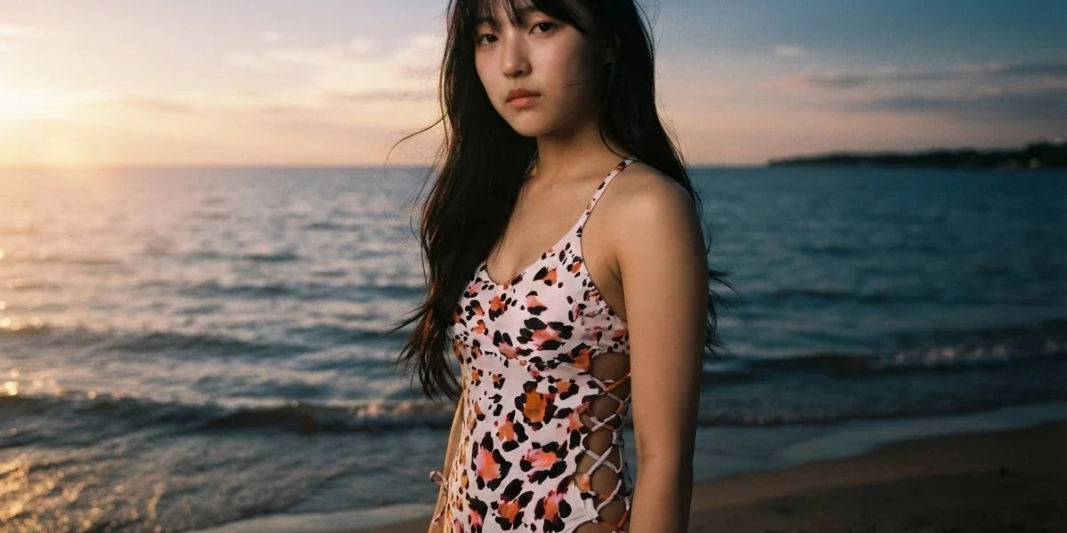 Light pink leopard print one-piece swimsuit with strappy side cutouts, modeled on a beach at sunset.