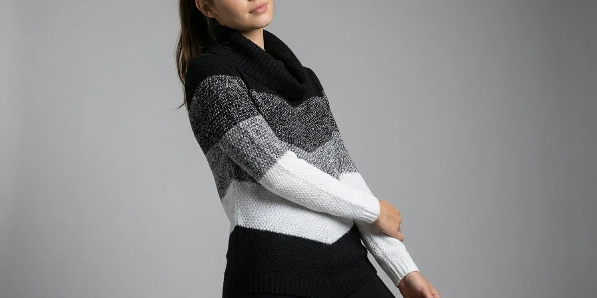 A woman modeling a chunky knit cowl-neck sweater with horizontal stripes in black, gray, and white, paired with black leggings, against a solid gray studio background.