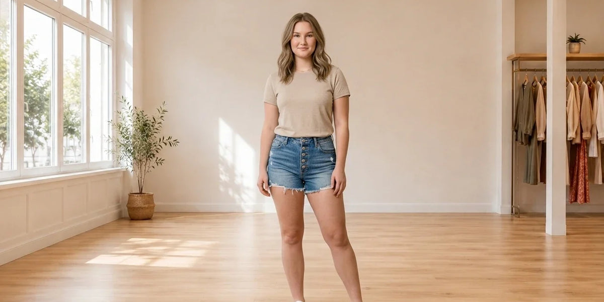 Model wearing Teen X-Large Bottoms (Young Women's) Women's High Rise Button Up Cut Off Jean Shorts in Online Warehouse Sale boutique studio