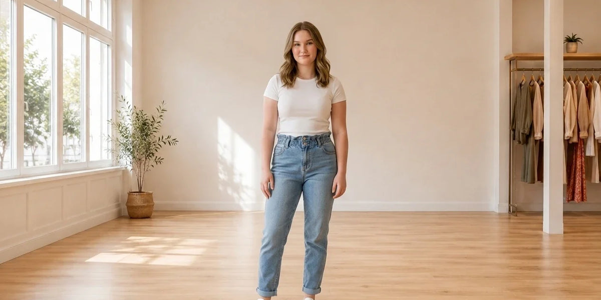 Model wearing Teen X-Large Jeans (Young Women's) Teen High-Rise Paperbag Jeans in Online Warehouse Sale boutique studio
