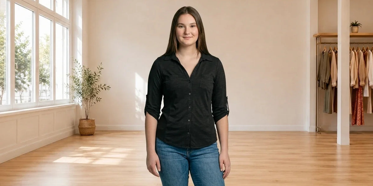 Model wearing Teen X-Large Shirts and Blouses Teen Textured Button-Front Top (Young Women's Fit) in Online Warehouse Sale boutique studio