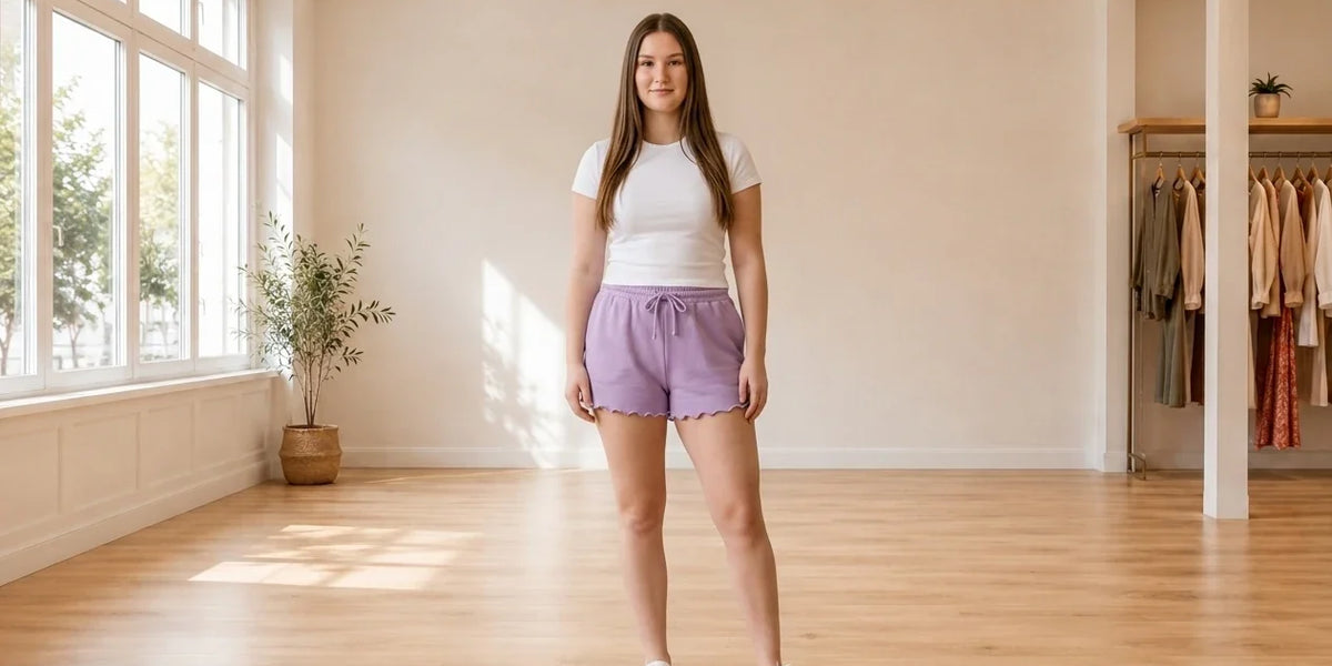 Model wearing Teen X-Large Shorts Teen Lettuce-Hem Sweat Shorts (Young Women's Fit) in Online Warehouse Sale boutique studio