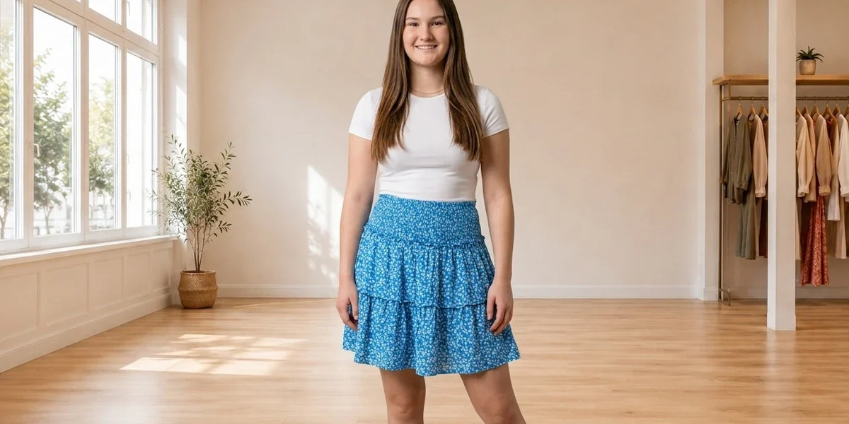 Model wearing Teen X-Large Skirts Teen Smocked-Waist Floral-Print Skirt (Young Women's Fit) in Online Warehouse Sale boutique studio
