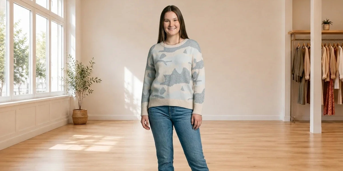 Model wearing Teen X-Large Sweaters and Cardigans Teen Camo Pullover Sweater (Young Women's Fit) in Online Warehouse Sale boutique studio
