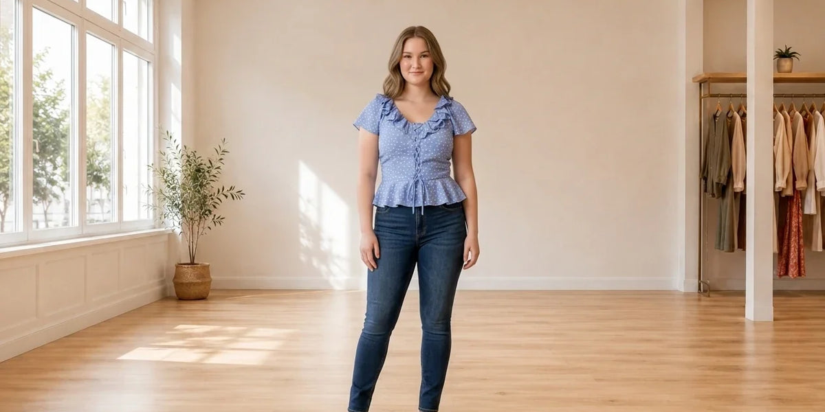 Model wearing Teen X-Large Tops (Young Women's) Teen Printed Ruffled Peplum Top in Online Warehouse Sale boutique studio
