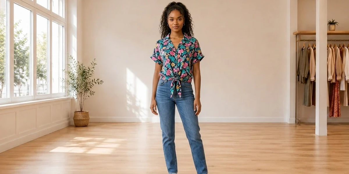 Model wearing Teen X-Small Blouses Teen Printed Tie-Front Blouse (Young Women's Fit) in Online Warehouse Sale boutique studio
