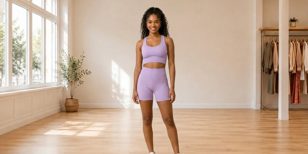 Model wearing Teen X-Small Bras seamless sports bra and matching shorts in Online Warehouse Sale boutique studio