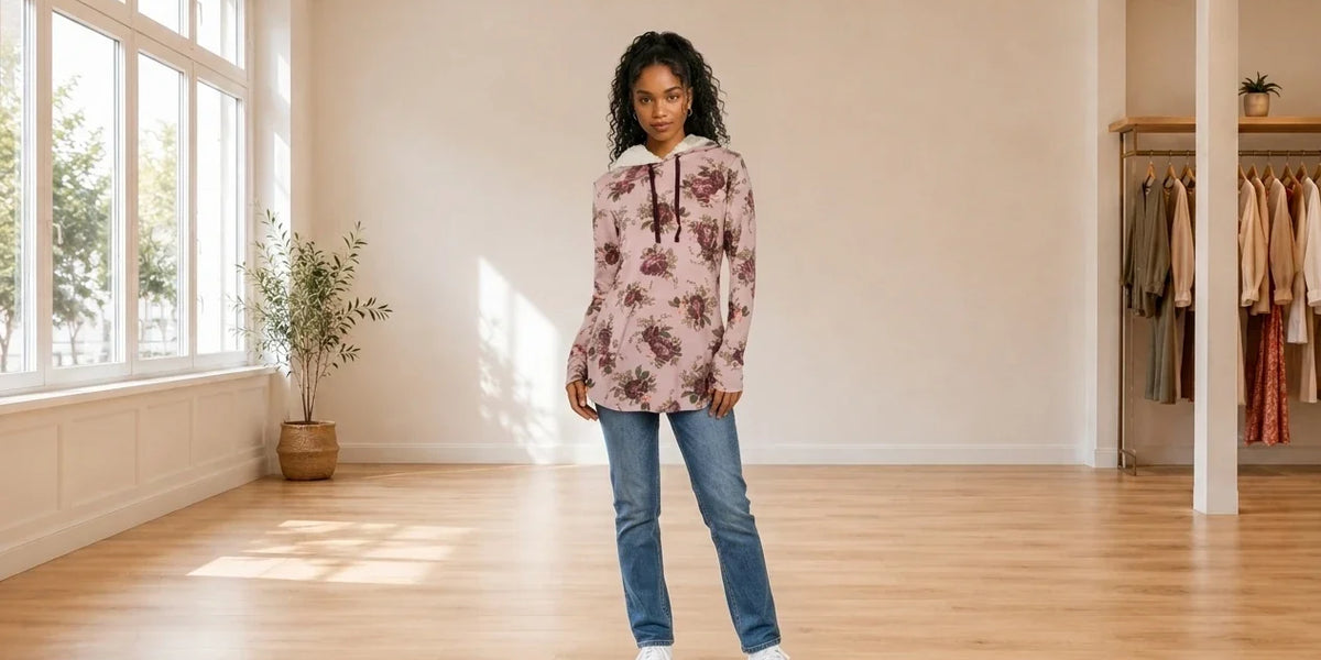 Model wearing Teen X-Small Hoodies and Sweatshirts (Young Women's) Teen Printed Faux Sherpa-Trimmed Hoodie in Online Warehouse Sale boutique studio