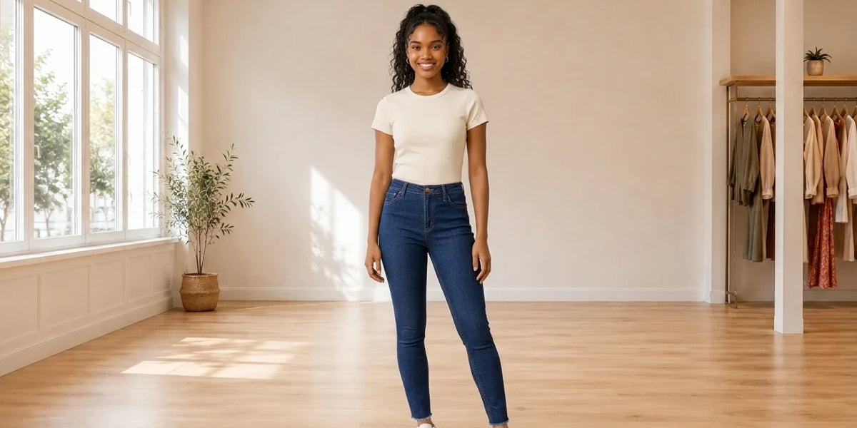 Model wearing Teen X-Small Jeans (Young Women's) Teen High-Rise Raw-Hem Skinny Jeans in Online Warehouse Sale boutique studio