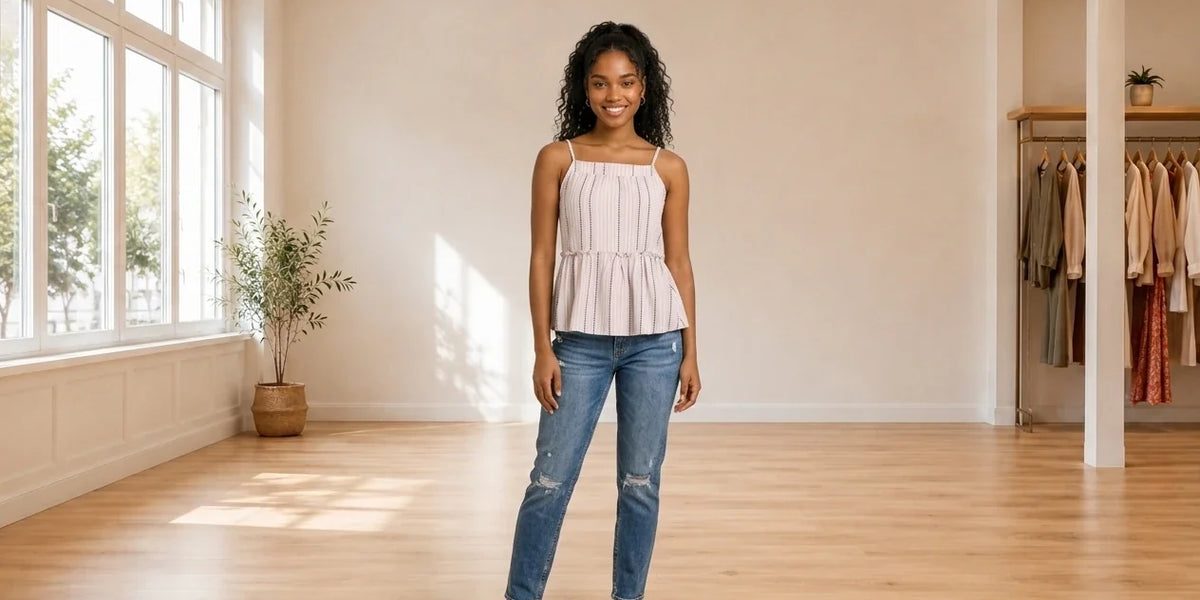 Model wearing Teen X-Small Shirts and Blouses Teen Printed Peplum Top (Young Women's Fit) in Online Warehouse Sale boutique studio