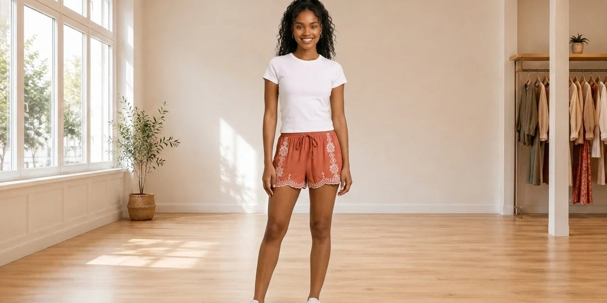 Model wearing Teen X-Small Shorts Teen Embroidered Shorts (Young Women's Fit) in Online Warehouse Sale boutique studio