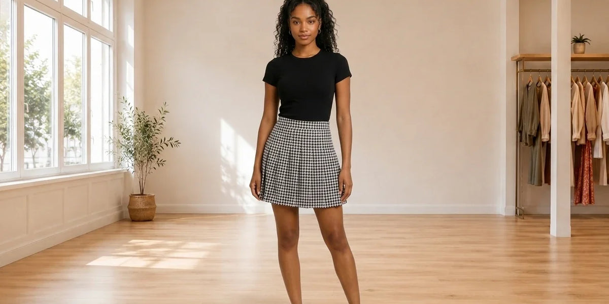 Model wearing Teen X-Small Skirts Teen Pleated A-Line Skirt (Young Women's Fit) in Online Warehouse Sale boutique studio