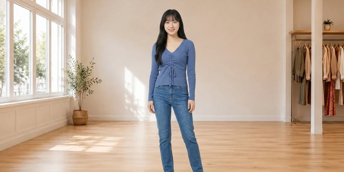 Model wearing Teen X-Small Sweaters and Cardigans Teen Cinched Ribbed-Knit Sweater (Young Women's Fit) in Online Warehouse Sale boutique studio