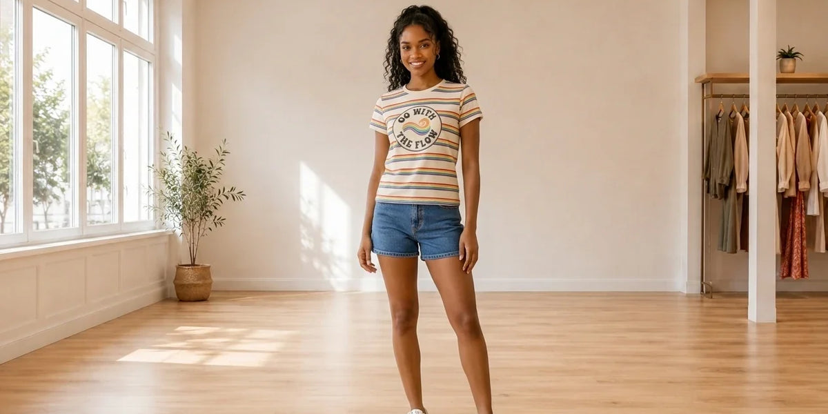 Model wearing Teen X-Small T-Shirts Teen Go With The Flow Striped Graphic T-Shirt (Young Women's Fit) in Online Warehouse Sale boutique studio